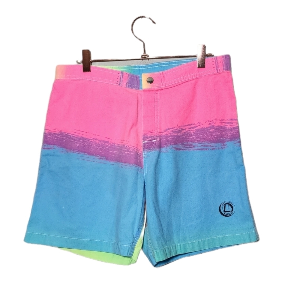 GARY LINDEN Vintage 80s Surfer Shorts Neon Board Short size‎ Small